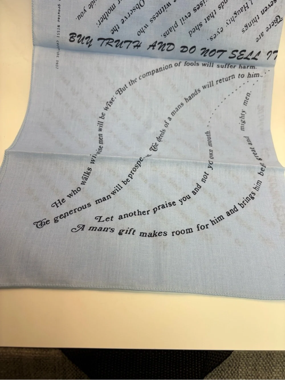 Blue VTG Handkerchief with Black Printed Bible Scripture Inspiration Scarf